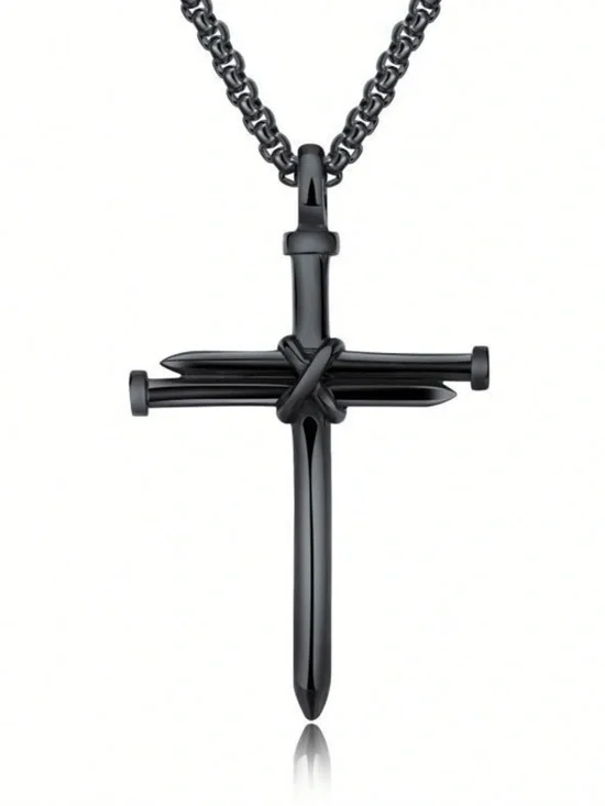 Men's Black Cross Pendant Necklace - 22 Inch Chain - Picture 5 of 5
